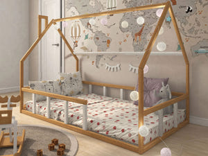 Bodenbett für Kinder mit Rausfallschutz, Natur/Weiß (Modell 1)
