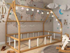 Bodenbett für Kinder mit Rausfallschutz, Natur/Weiß (Modell 1)