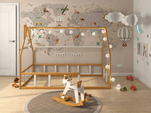 Bodenbett für Kinder mit Rausfallschutz, Natur/Weiß (Modell 1)
