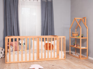 Montessori-Bodenbett mit Rausfallschutz und Lattenrost – Kinderbett für Kleinkinder aus Holz (Modell 6.3/20)